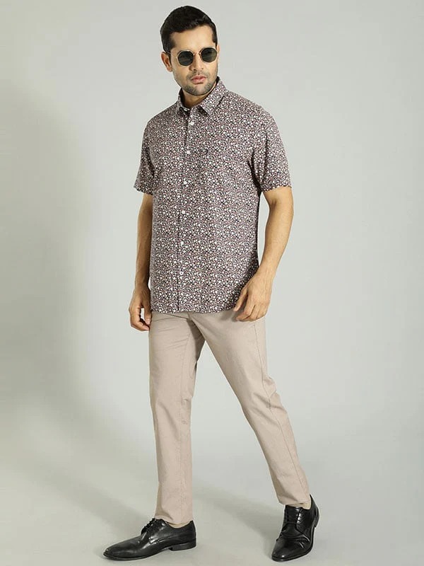 Indian Terrain Men's Slim Fit Printed Beige Trousers